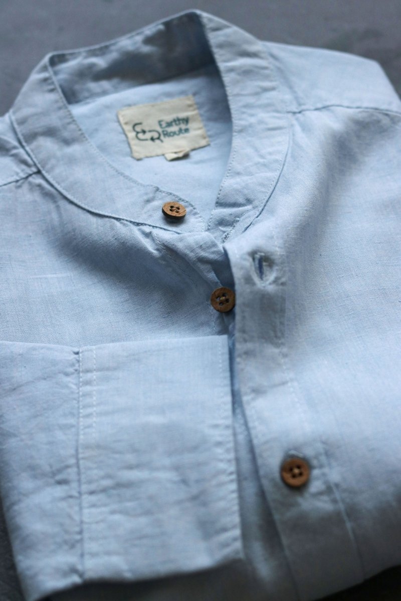 TENCEL™ Lyocell-Linen Mandarin Collar Shirt in Ice Blue