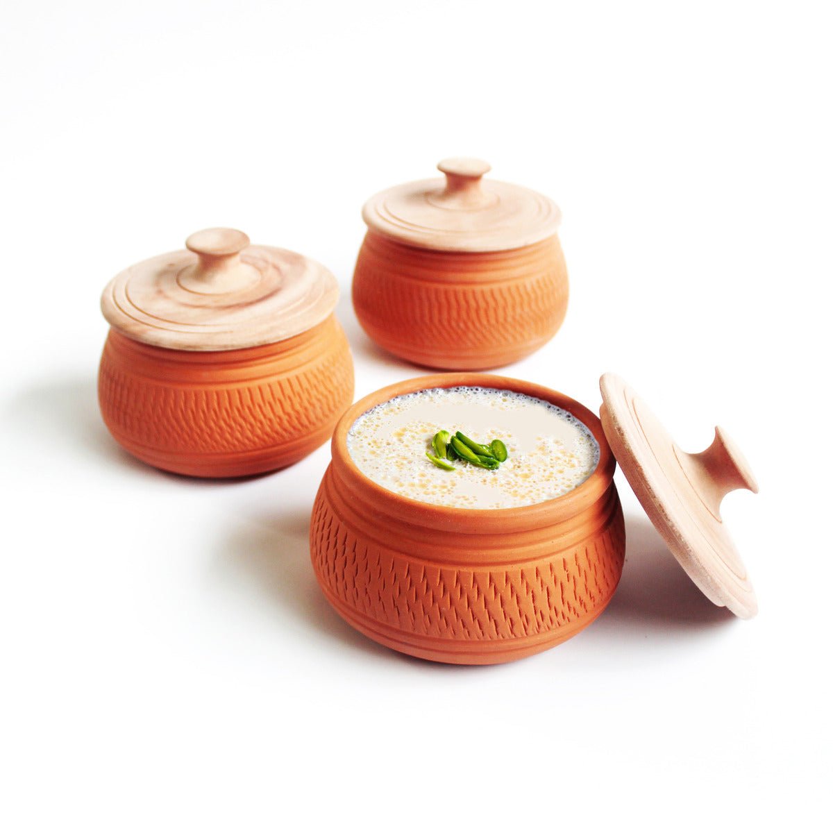 Terracotta Curd Setter with Wooden Lid- Set of 3