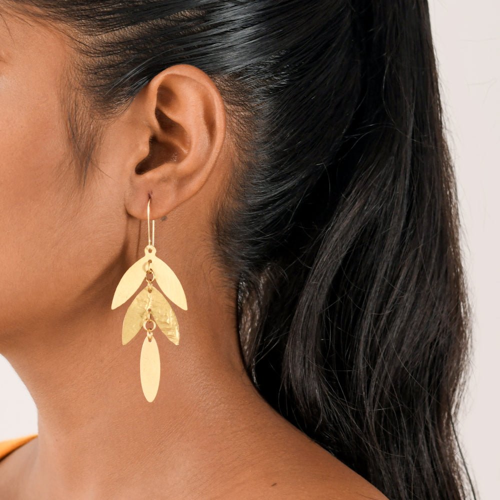 Textured Leaf Brass Earrings