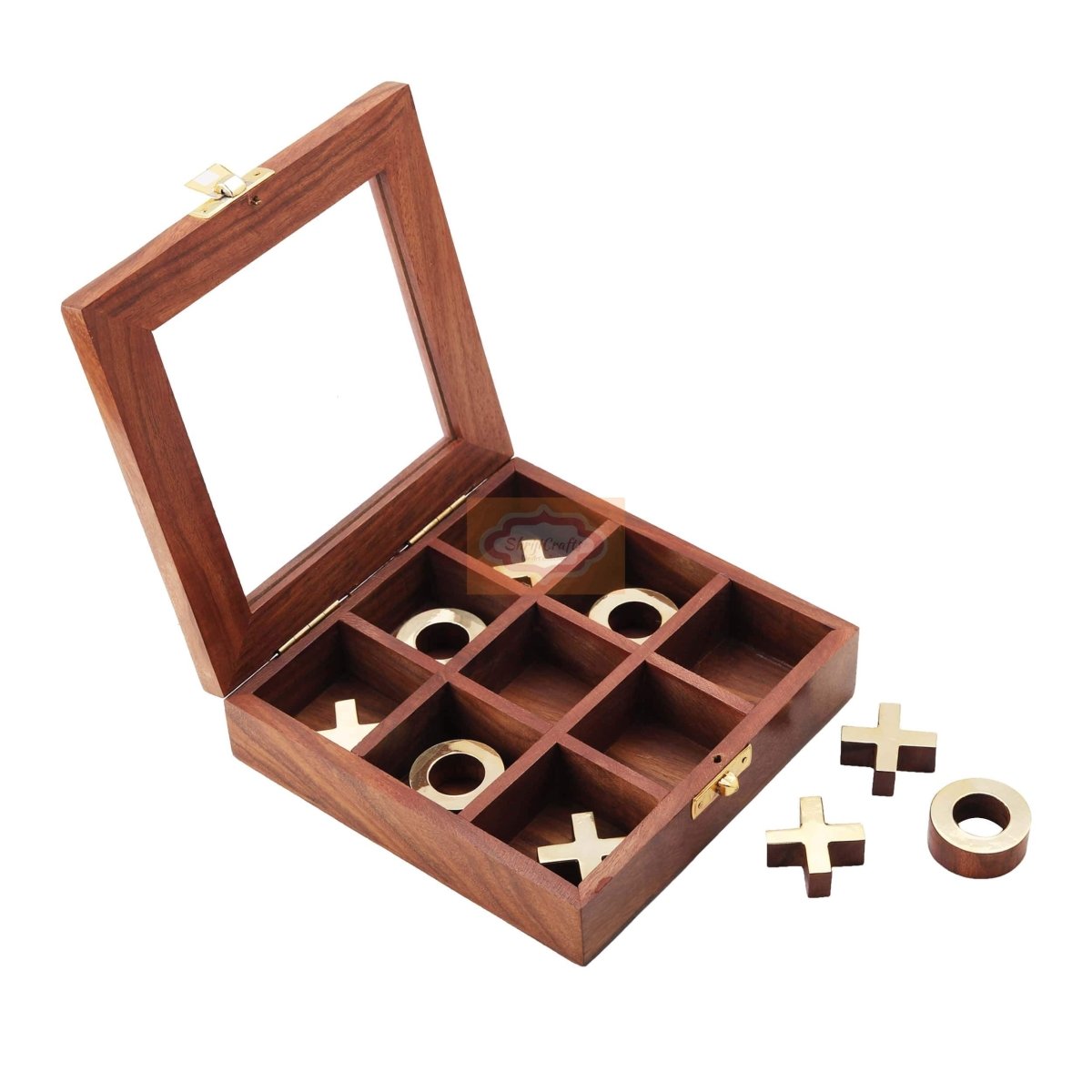 Wooden Tik Tak Toe Brain Teaser Board Game with Glass Lid