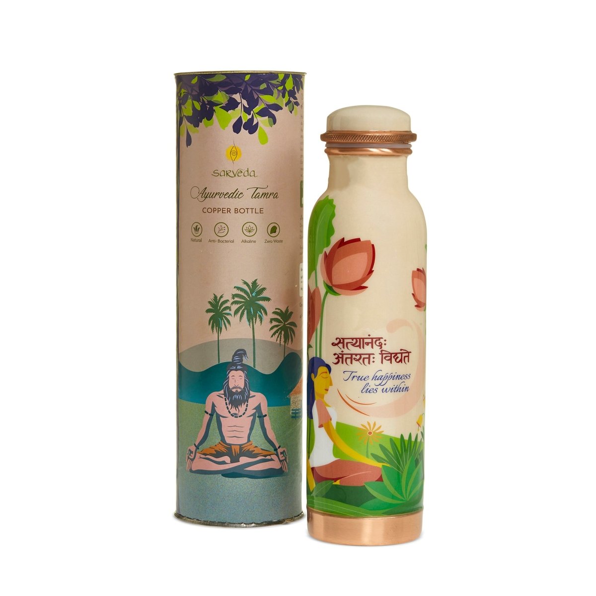 Traditionally Handcrafted Ayurvedic Copper Bottle with Yogic Artwork