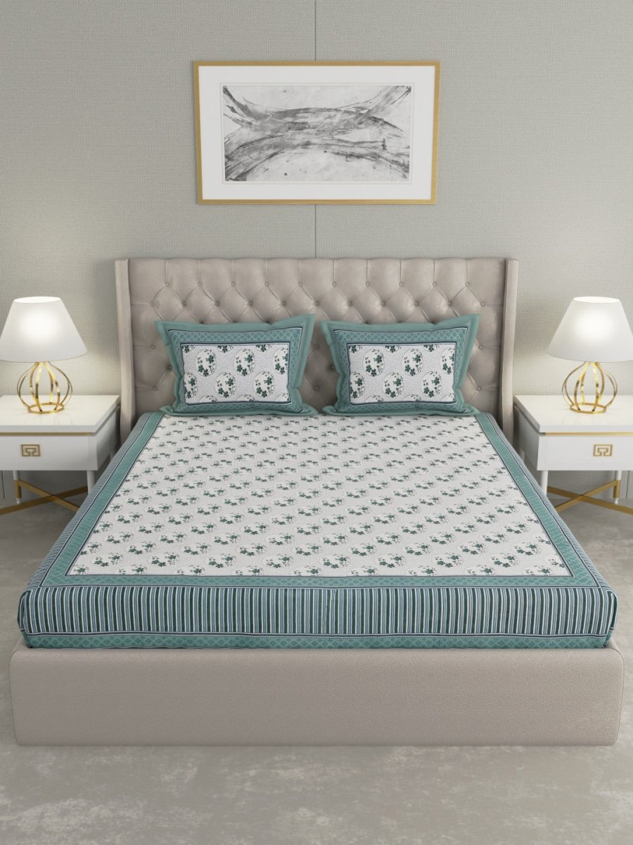 Turquoise Hand Block Printed Pure Cotton King Size Bedding Set