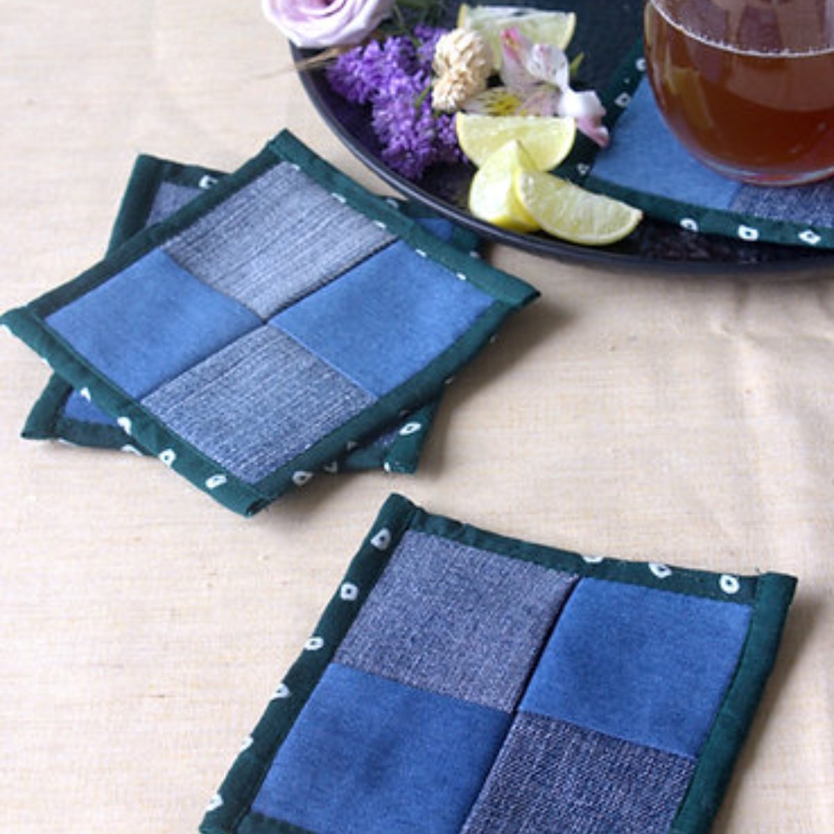 Upcycled Denim Coaster Set (x4)- Bandhani Piping