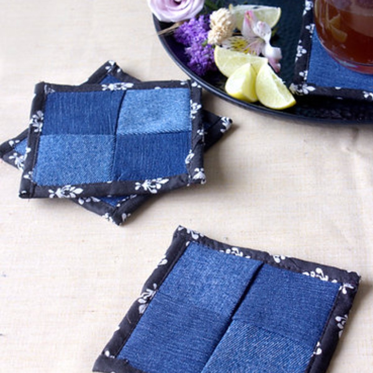 Upcycled Denim Coaster Set (x4)- Black Piping