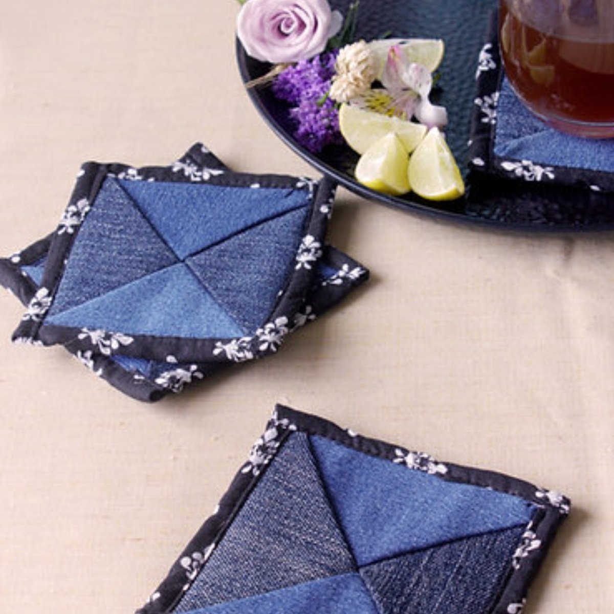 Upcycled Denim Coaster Set (x4)- Blue with Black Piping