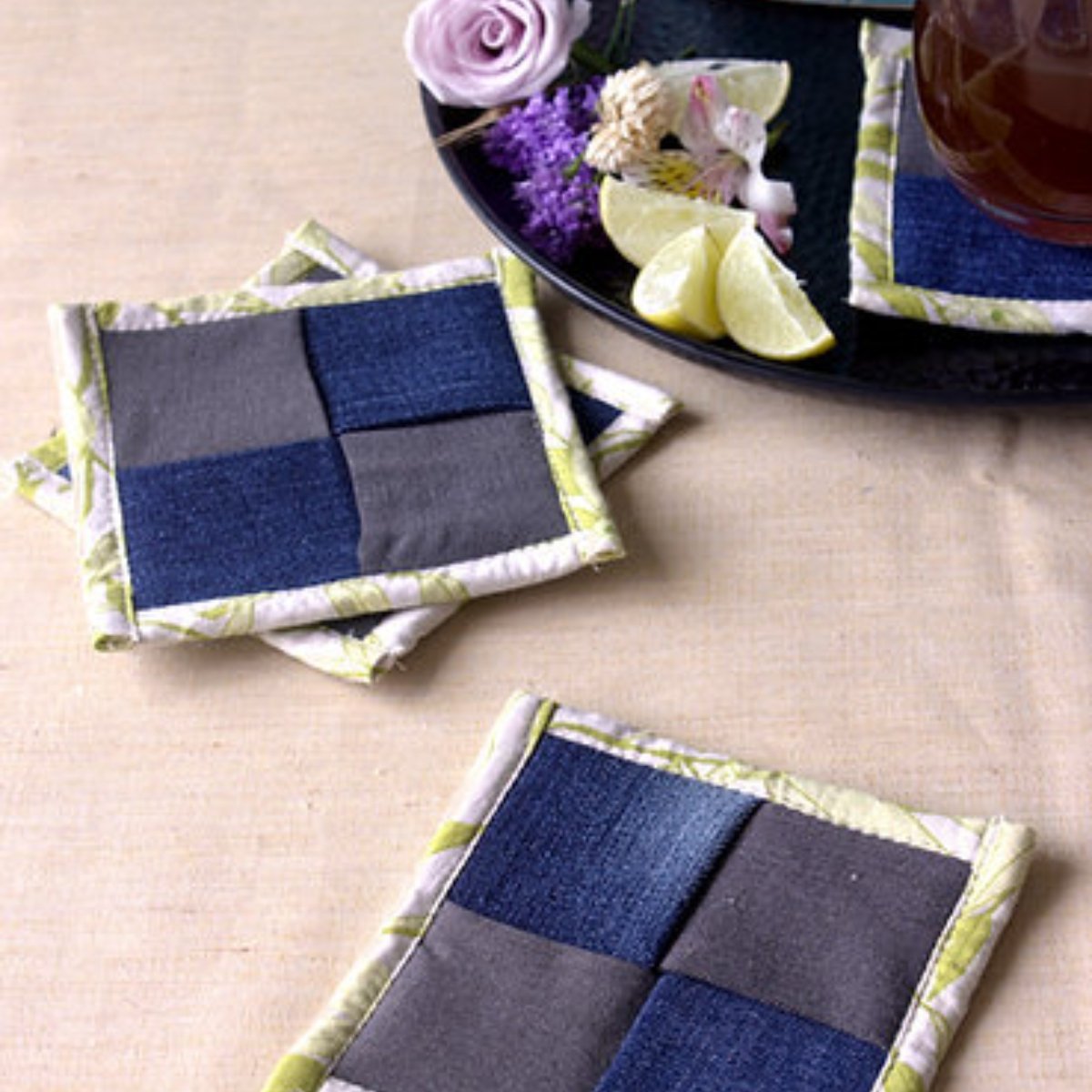 Upcycled Denim Coaster Set (x4)- Denim Blue & Grey