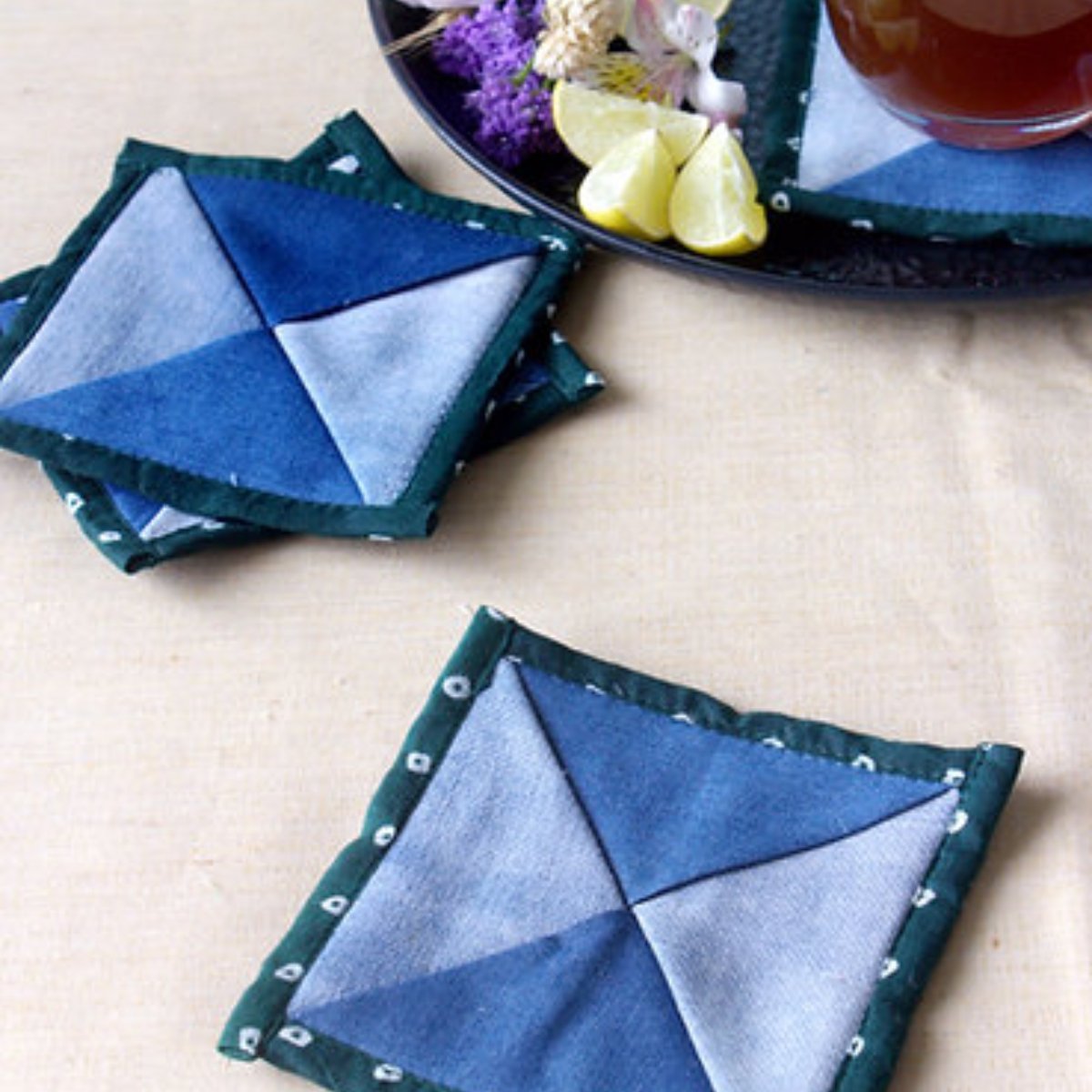 Upcycled Denim Coaster Set (x4)- Green Bandhani Piping