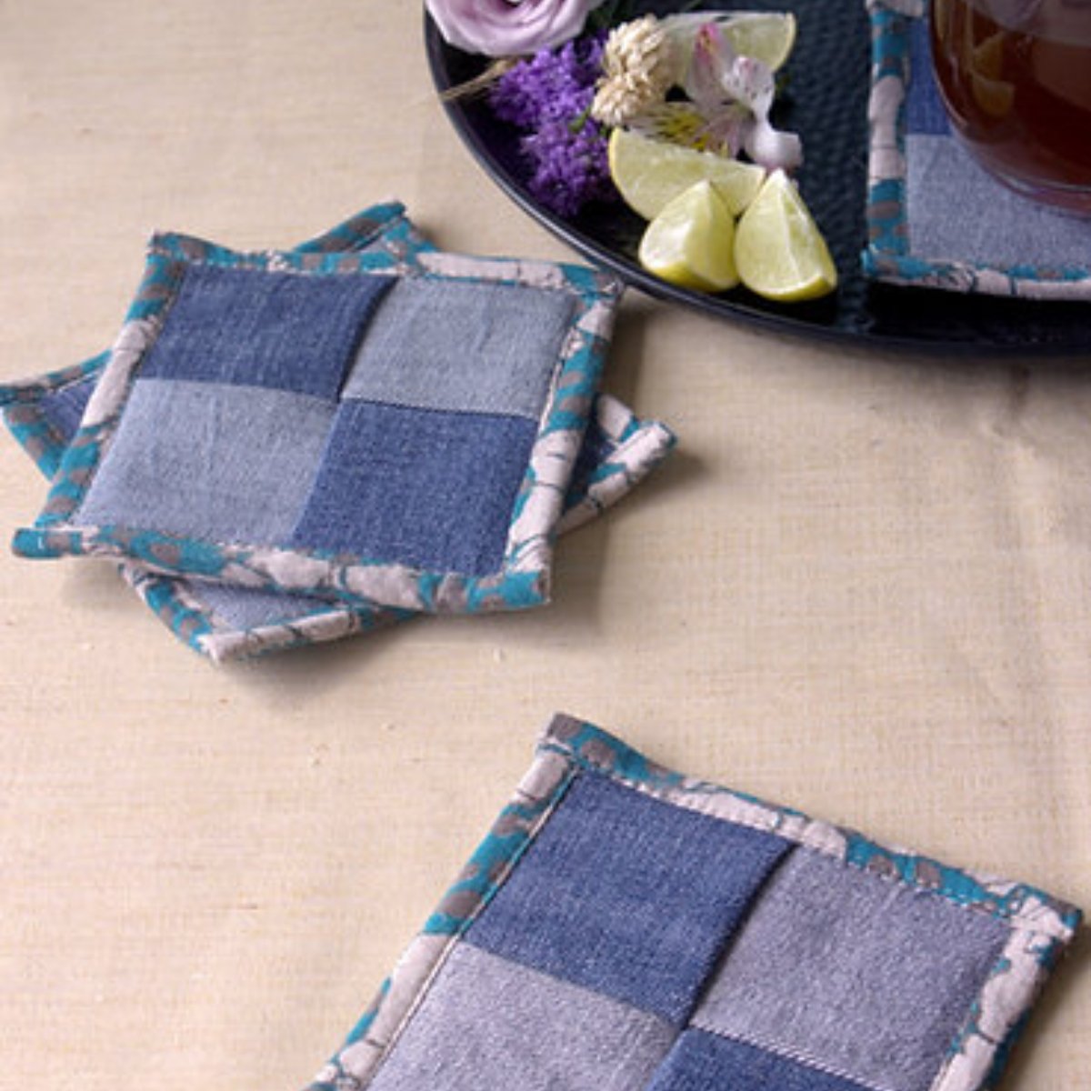 Upcycled Denim Coaster Set (x4)- Light Blue Piping