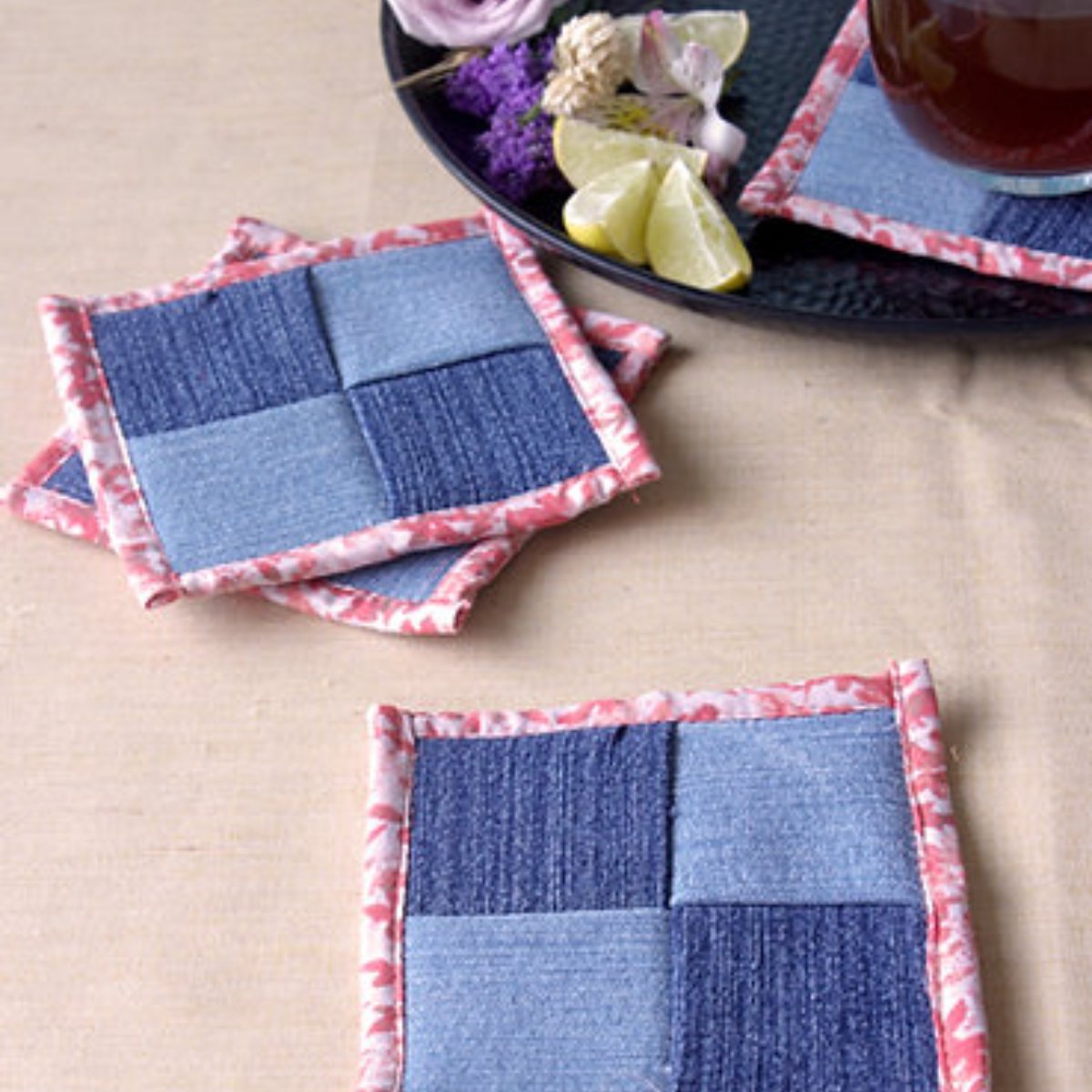 Upcycled Denim Coaster Set (x4)- White Orange Piping