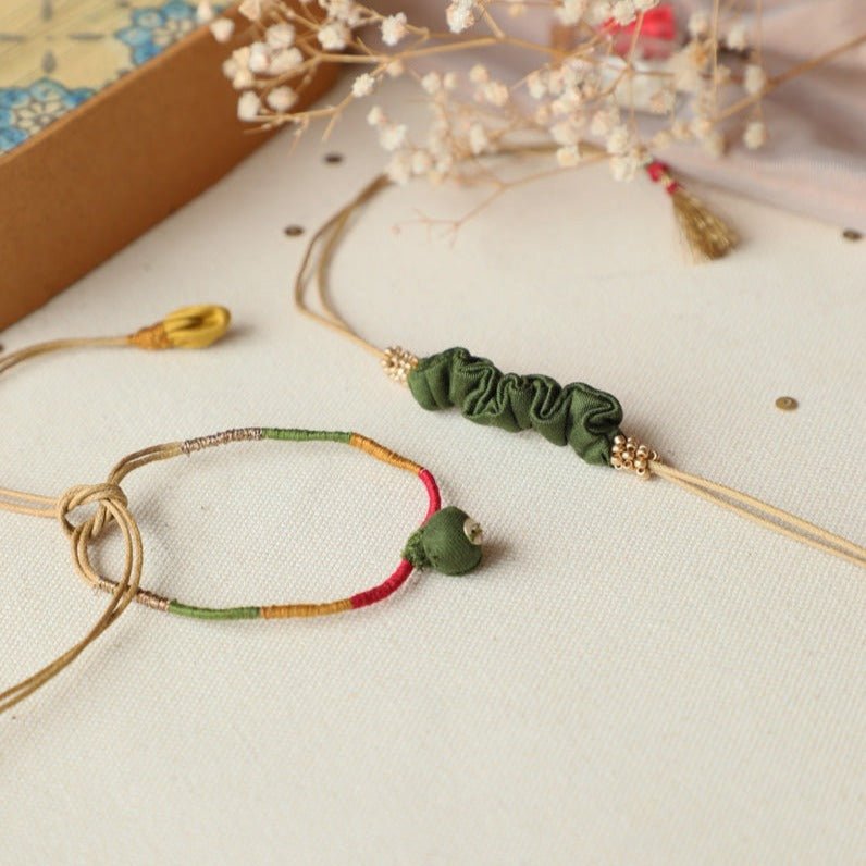 Upcycled Fabric Artisanal Green Rakhi & Lumba Set