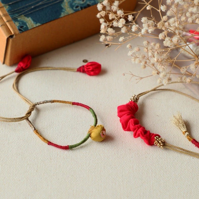 Upcycled Fabric Artisanal Rakhi & Lumba Set with Kumkum & Rice