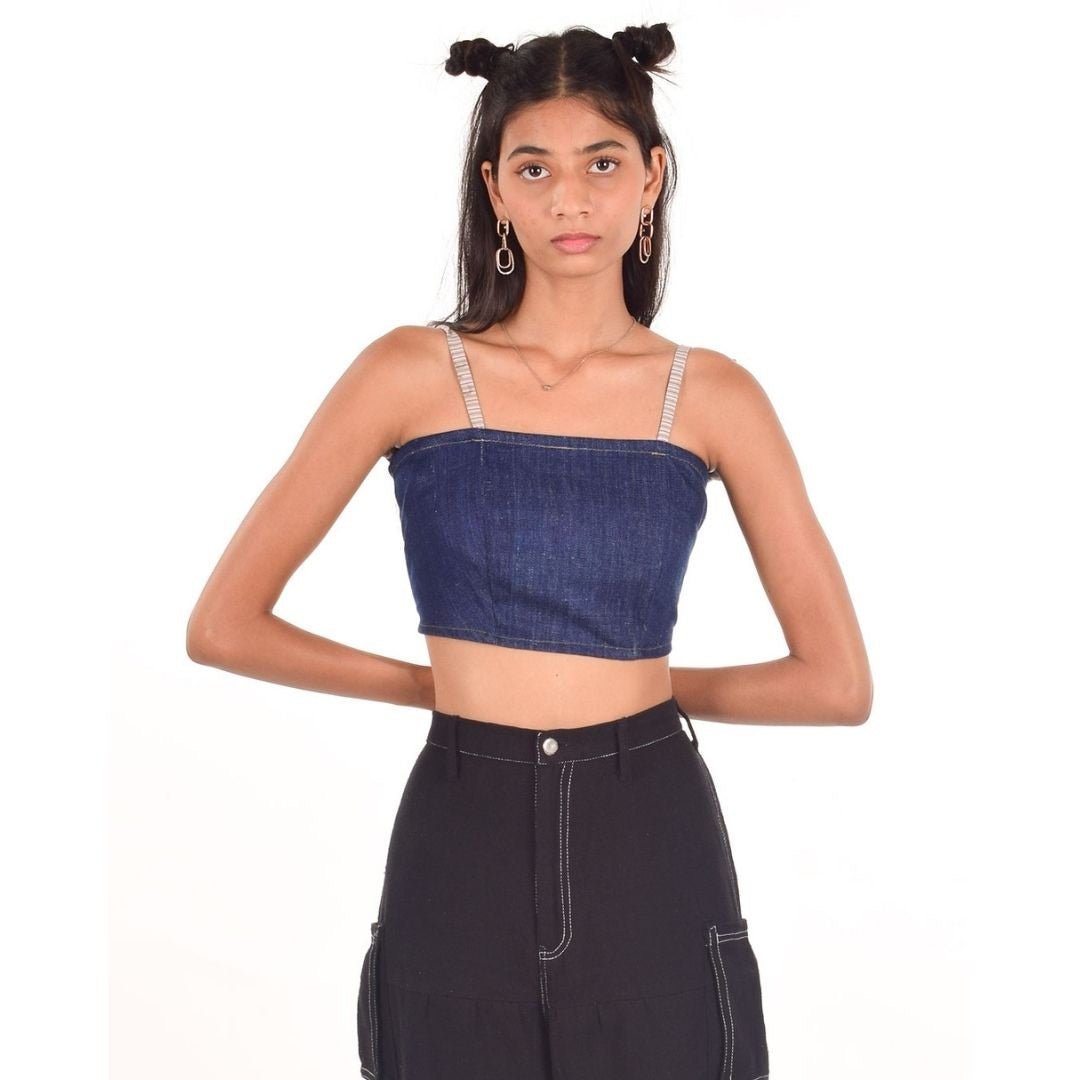 Upcycled Khadi Denim Crop Top - Dark Blue