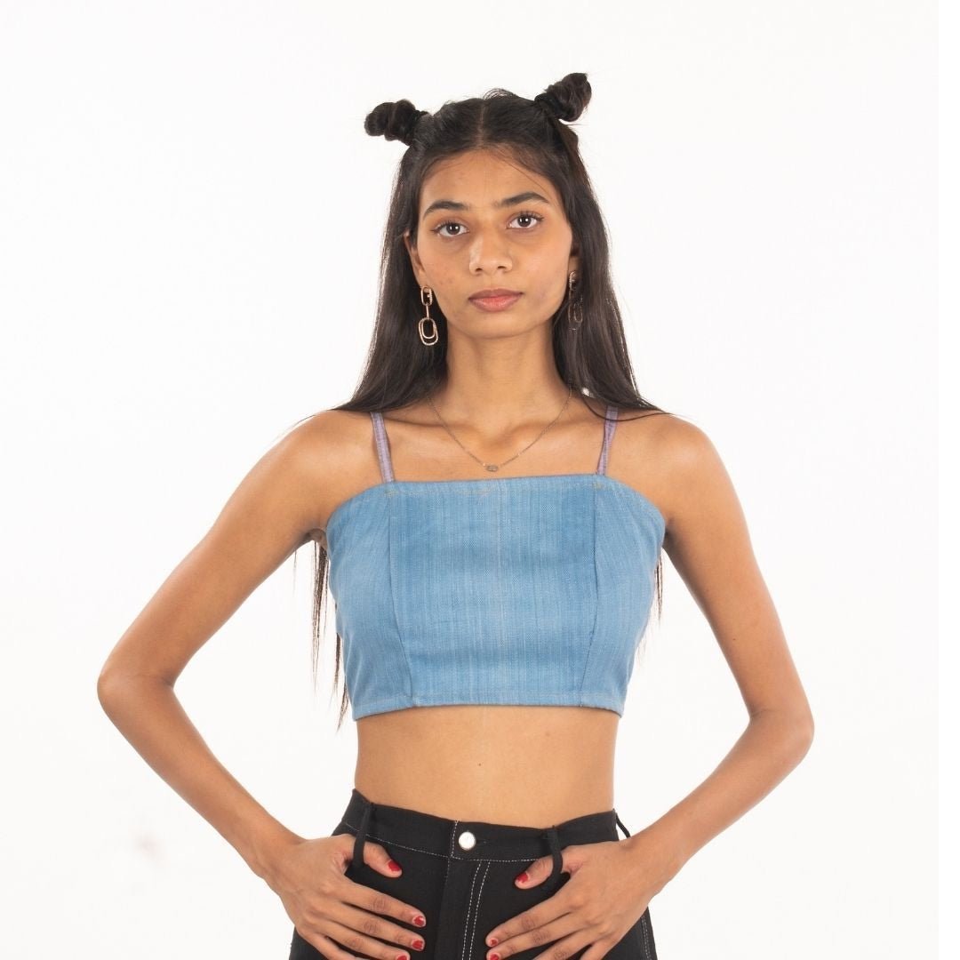 Upcycled Khadi Denim Crop Top - Light Blue