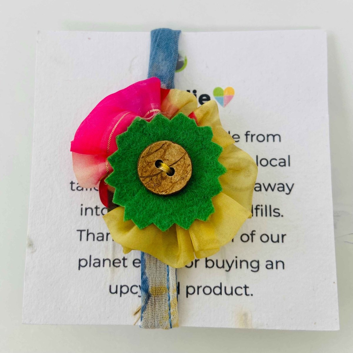 Upcycled Rakhi- Yellow with colours and Coconut button