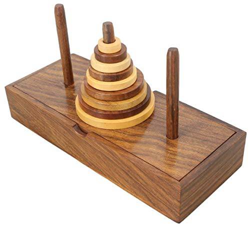 Wooden 9-Rings Tower of Hanoi Puzzle Game | Handmade (Brown)