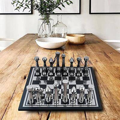 Wooden And Metal Chess Board Game Black and Silver Finish- Curvy