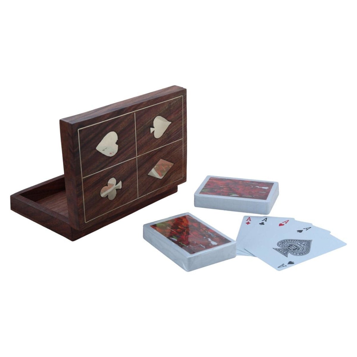 Wooden Box with Brass Inlay for Holding 2 Sets of Playing Cards Deck