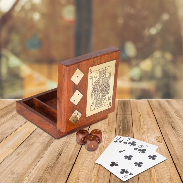 Handmade Wooden Storage Box for Playing Cards and Set of Five Dices