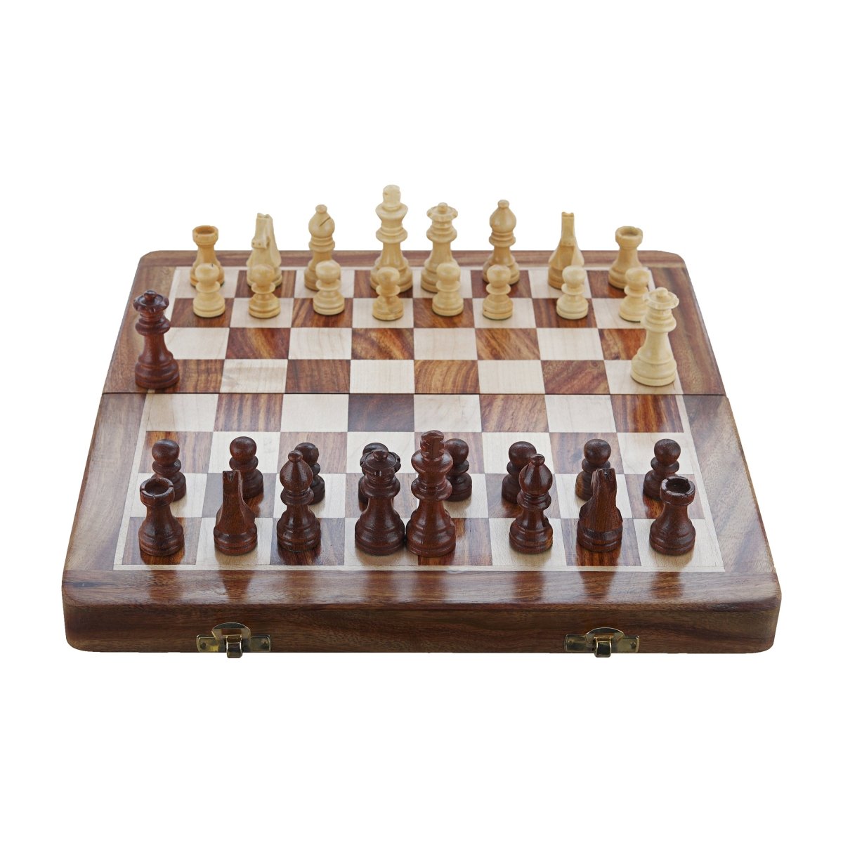 Wooden Handcrafted Foldable Magnetic Chess Board Set | 10x10 Inches (Brown)