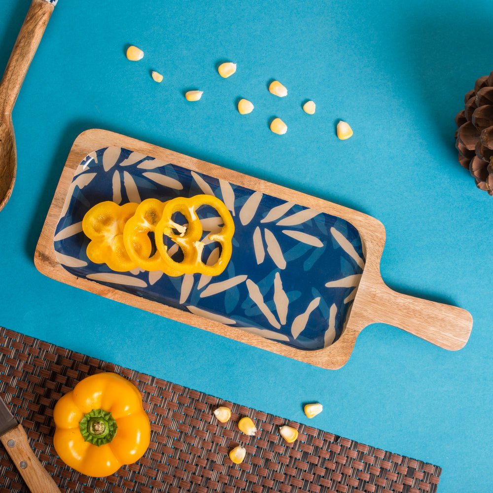 Wooden Indigo Rectangular Platter with Handle