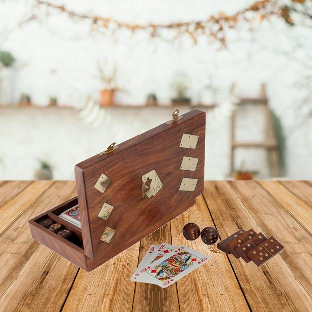 Wooden Playing Card Box with 5 Dice & 28 Dominoes Tiles Game Set