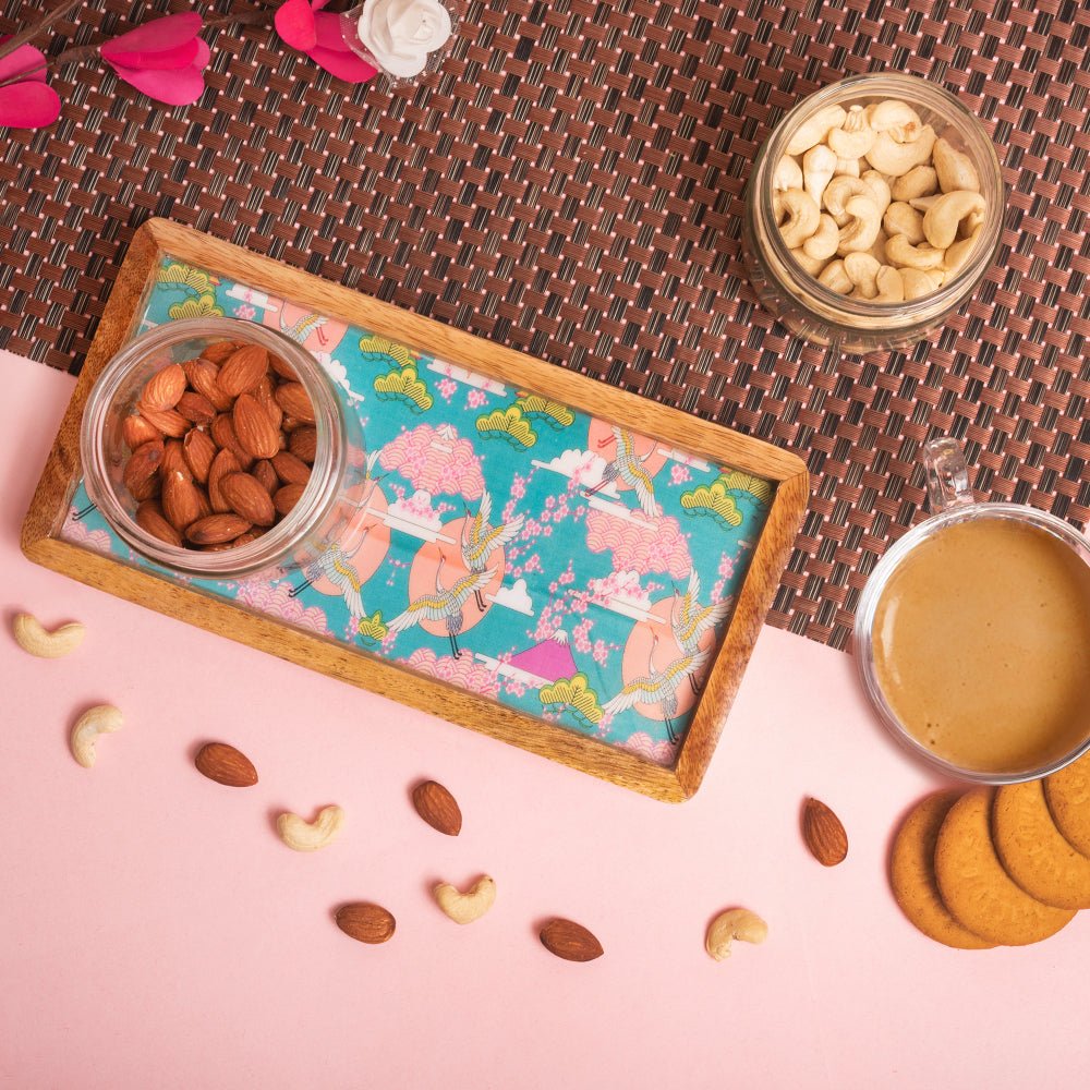 Wooden Tray With Blue Bird Print Design