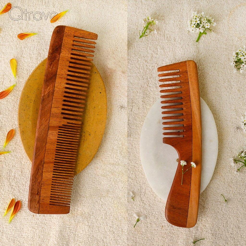 Natural Neem Wood Combs ( set of 2) / Anti Bacterial / Natural / Non Static / Controls Frizzy Hair