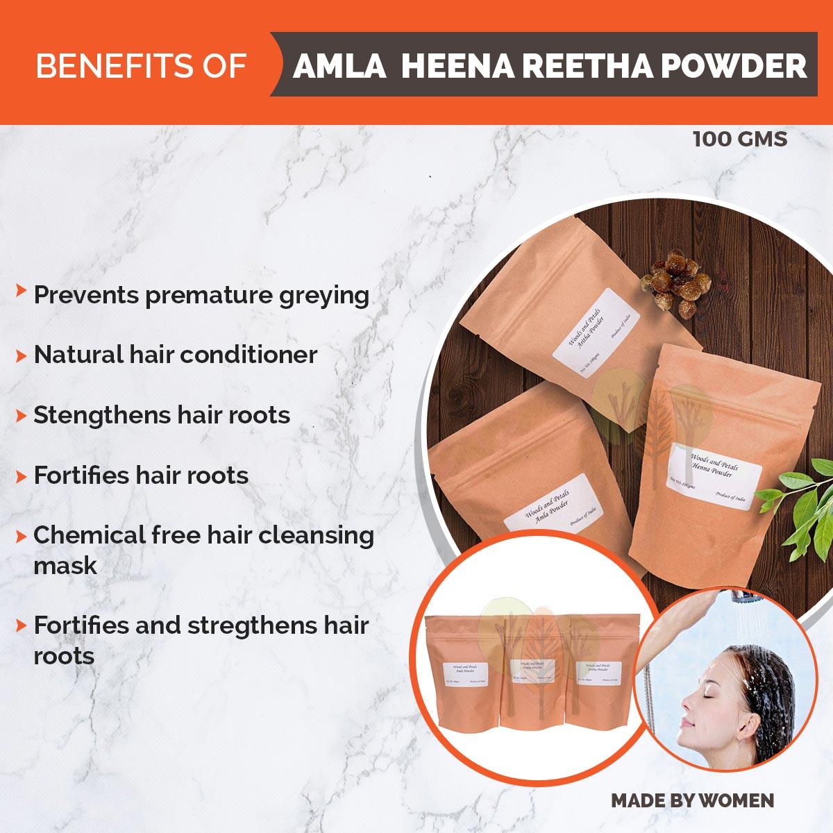 Pure Amla Powder 4 oz  Henna Powder 4 oz Reetha 4 oz  ( set of 3 ) I Hair & Scalp Treatement I Hair Mask I Eco Friendly Zip Lock Pouch I 12 oz I 350 gms