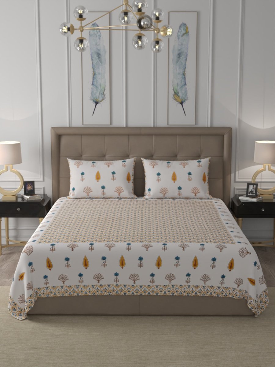 Yellow Elegant Hand Block Print Cotton Super King Size Bedding Set