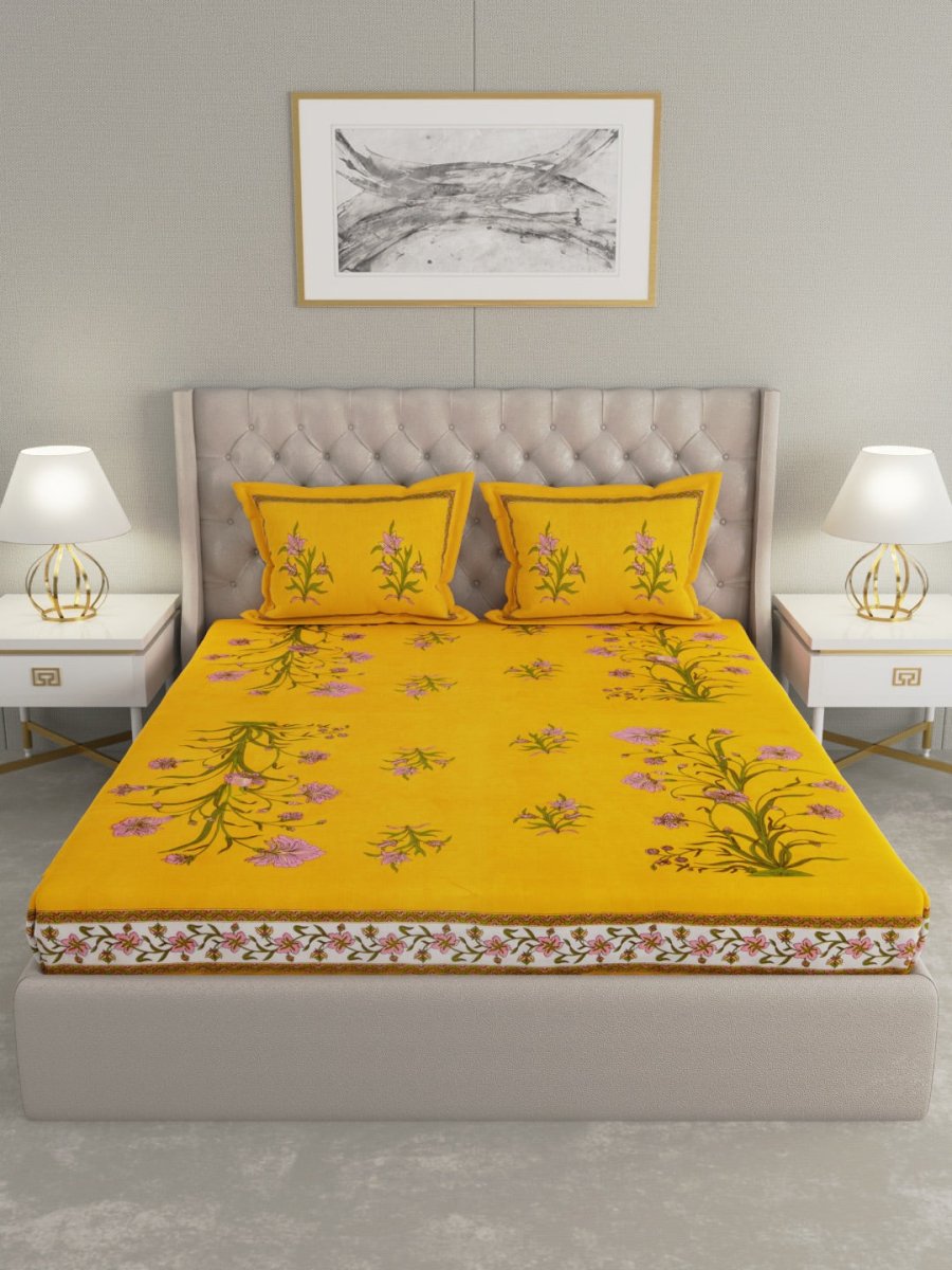 Yellow Hand Block Jaipuri Print Cotton King Size Bedding Set