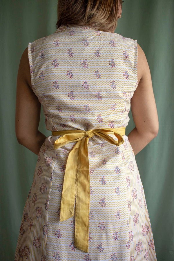 Yellow Marigold Floral Sleeveless Dress in Lyocell Linen